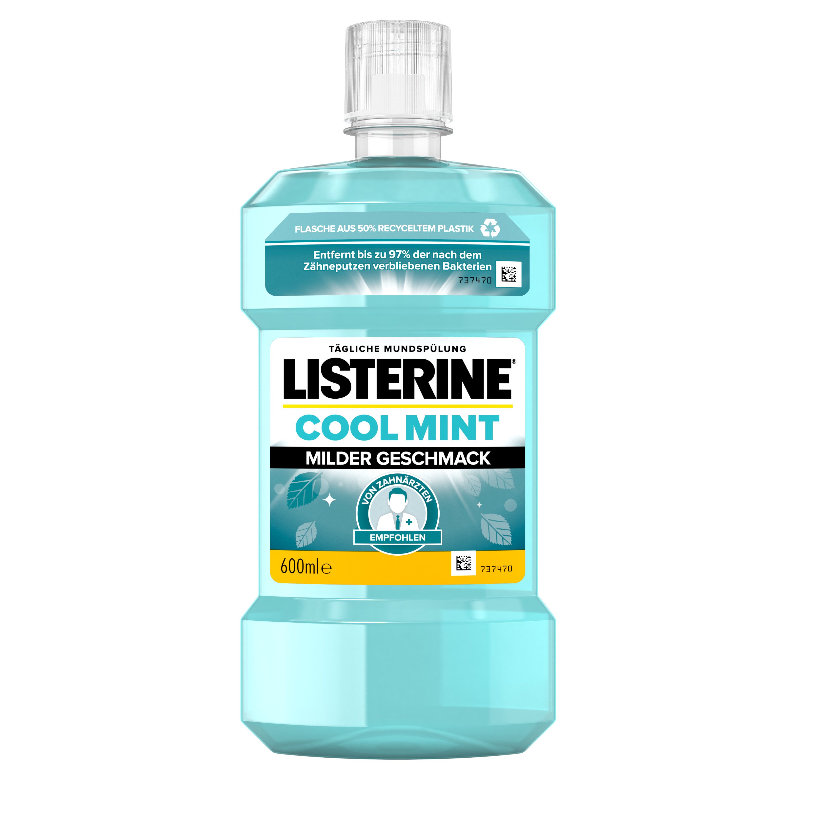 Hellblaue Flasche mit Mundspülung. Aufschrift: Listerine Cool Mint Milder Geschmack. 600ml.