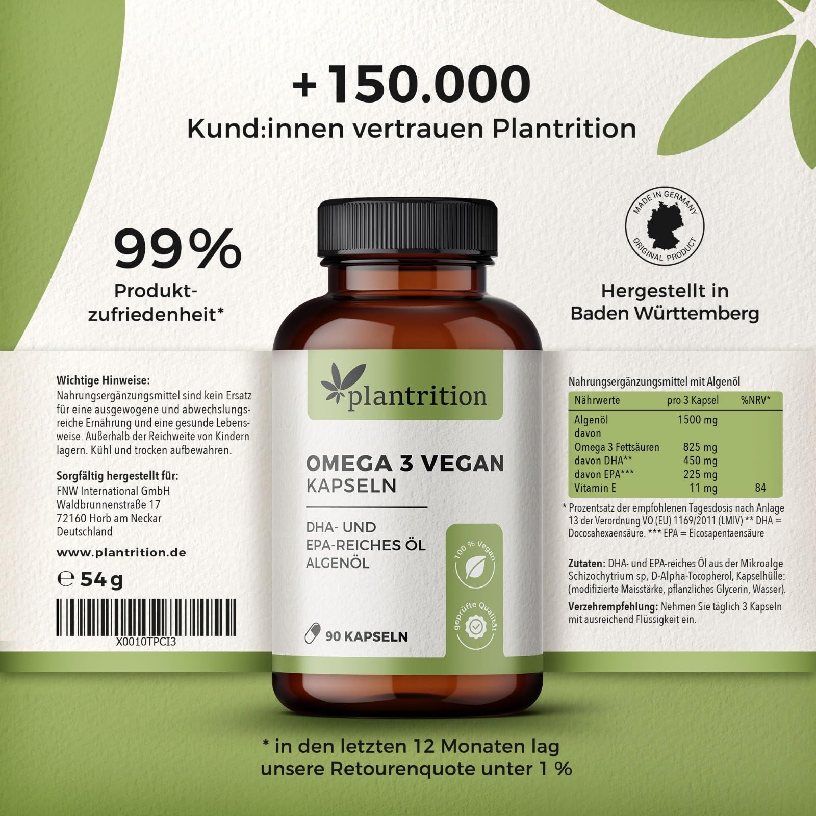 Braune Glasflasche mit schwarzem Deckel. Etikett mit Produktinformationen. 90 Kapseln. Marke: plantrition. Auf Stein platziert.