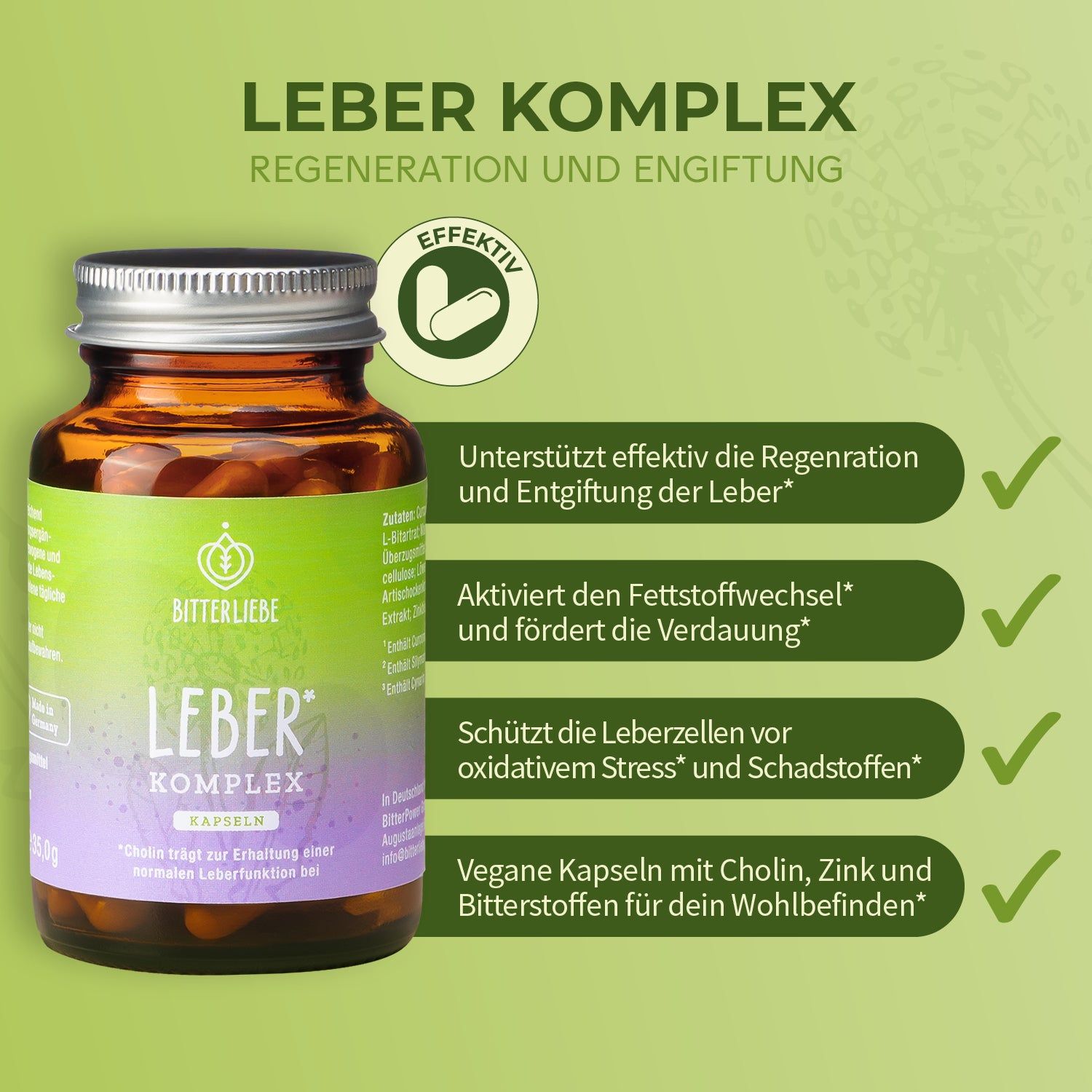 Braune Flasche mit Kapseln. Text: Leber Komplex, Regeneration und Entgiftung. Grüne Häkchen und Text.