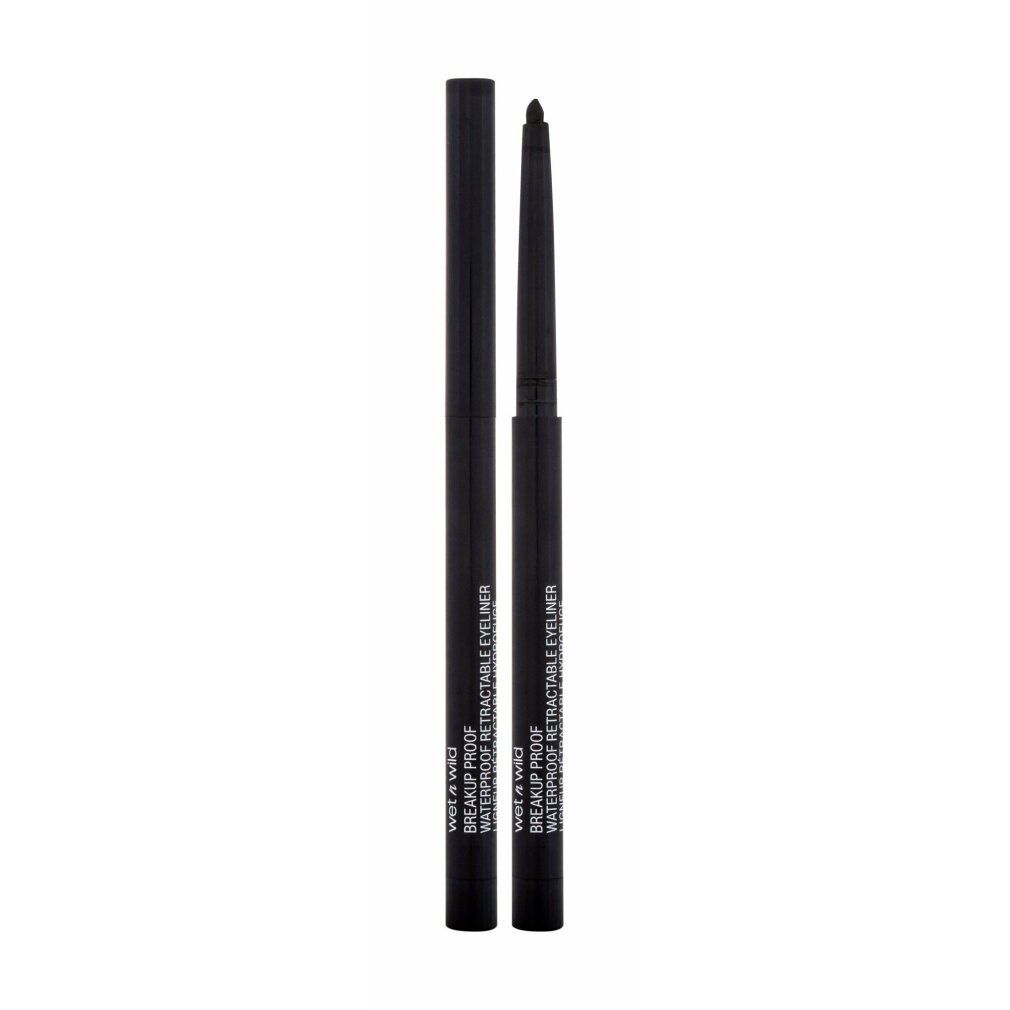 Schwarzer, ausziehbarer Eyeliner mit schwarzer Kappe. Auf dem Stift steht "Wet n Wild Breakup Proof Retractable Eyeliner".