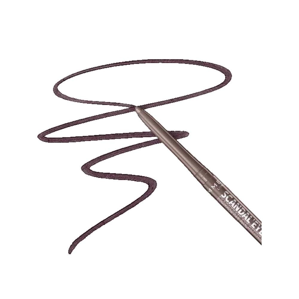 Eyeliner-Stift zeichnet eine geschwungene Linie. Aufschrift: Rimmel London Scandaleyes.