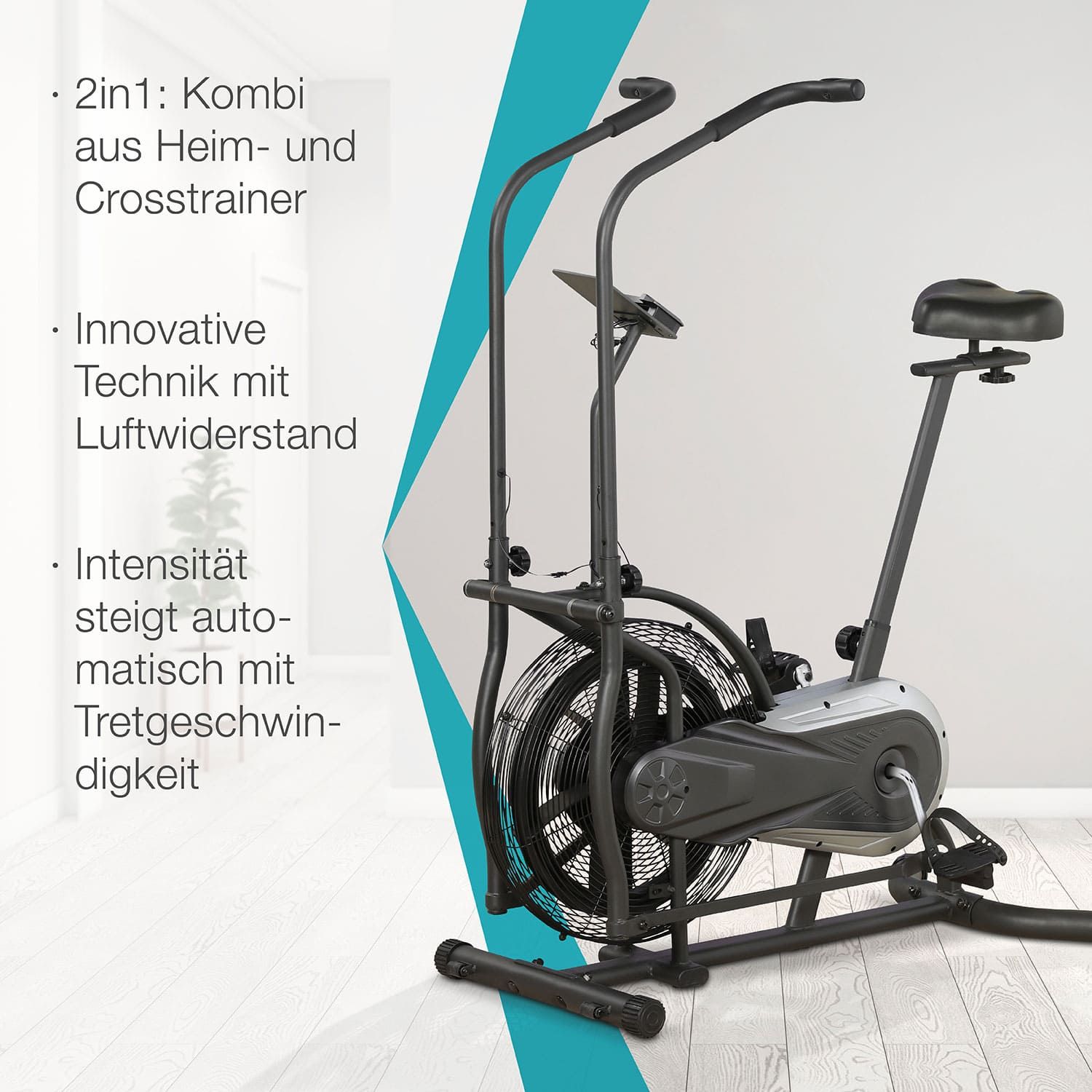 Air Bike Crosstrainer. Schwarz und silberfarben. Text: 2in1: Kombi aus Heim- und Crosstrainer. Innovative Technik mit Luftwiderstand.