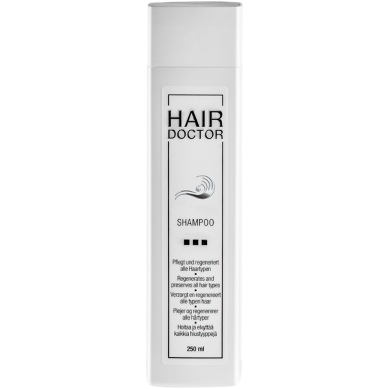 Weiße Shampoo-Flasche mit Aufschrift HAIR DOCTOR und SHAMPOO. Enthält mehrere Sprachversionen. 250 ml.