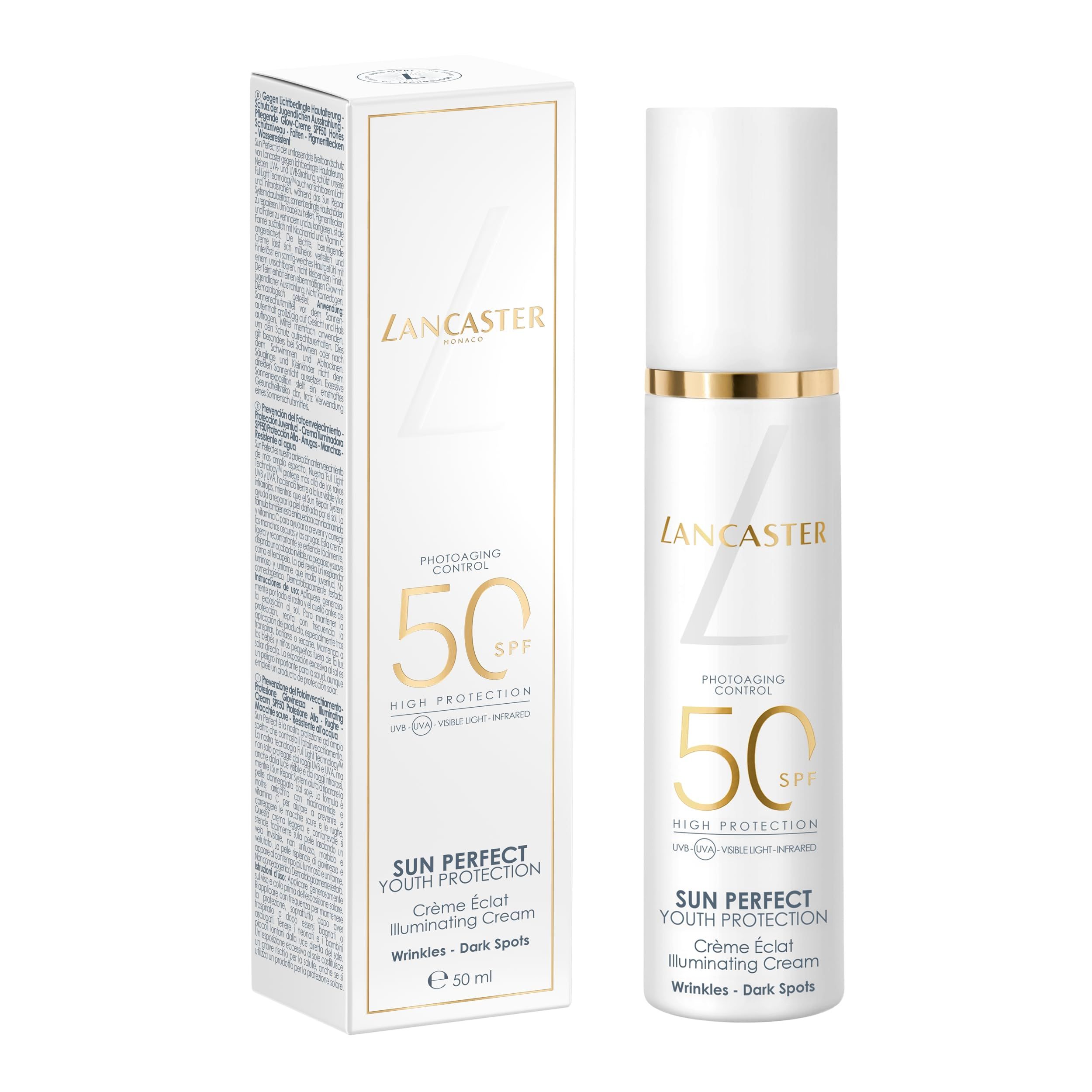 Lancaster Sun Perfect Youth Protection Sonnencreme mit LSF 50 in weißer Flasche und Kartonverpackung.