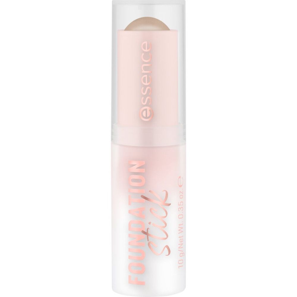 Foundation Stick von Essence. Rosa-farbener Stift mit transparentem Deckel. Produktname und Marke sind sichtbar.