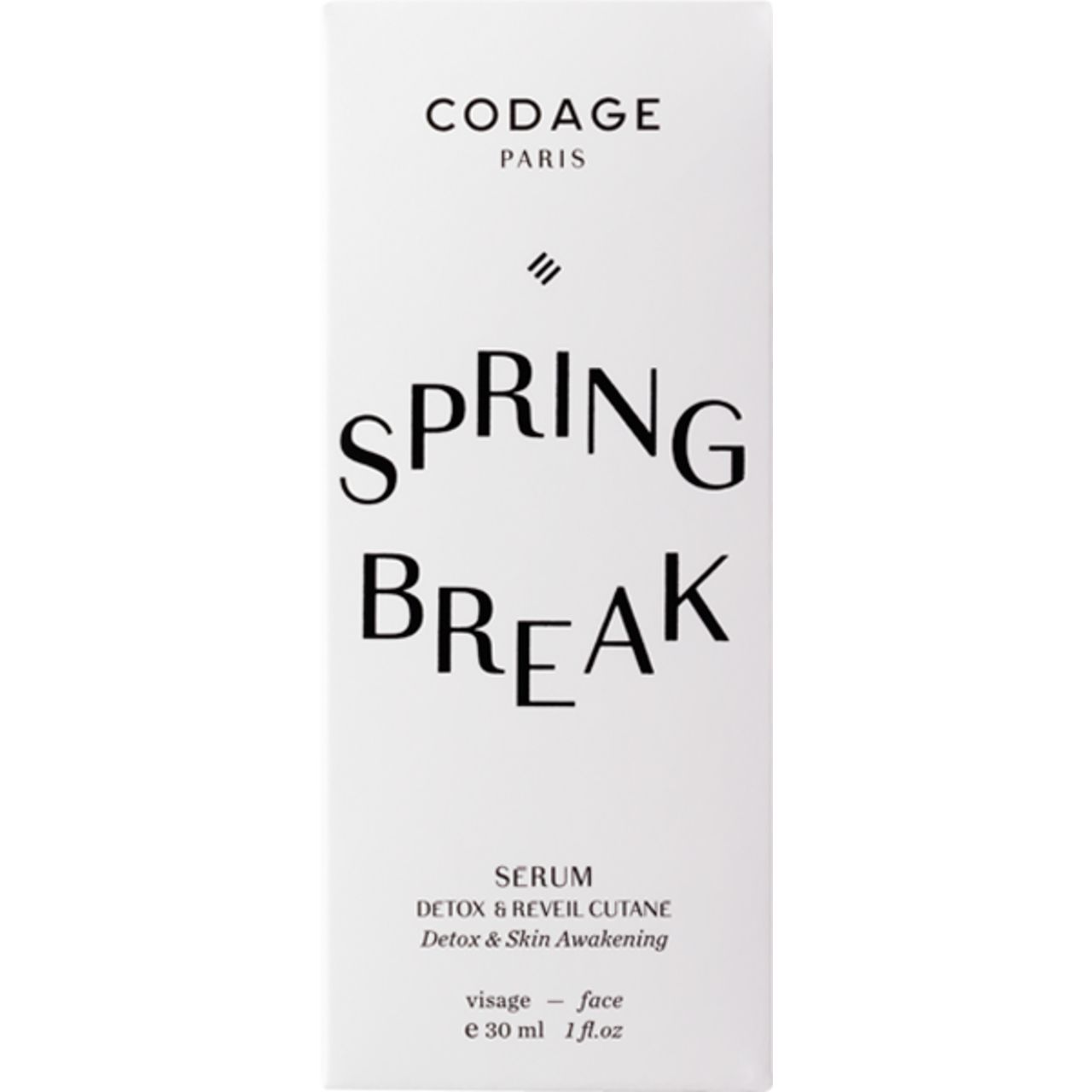 Weiße Verpackung mit Aufschrift: Codage, Spring Break, Serum. Text: Detox et Réveil Cutané, visage - face, e 30 ml 1 fl.oz.
