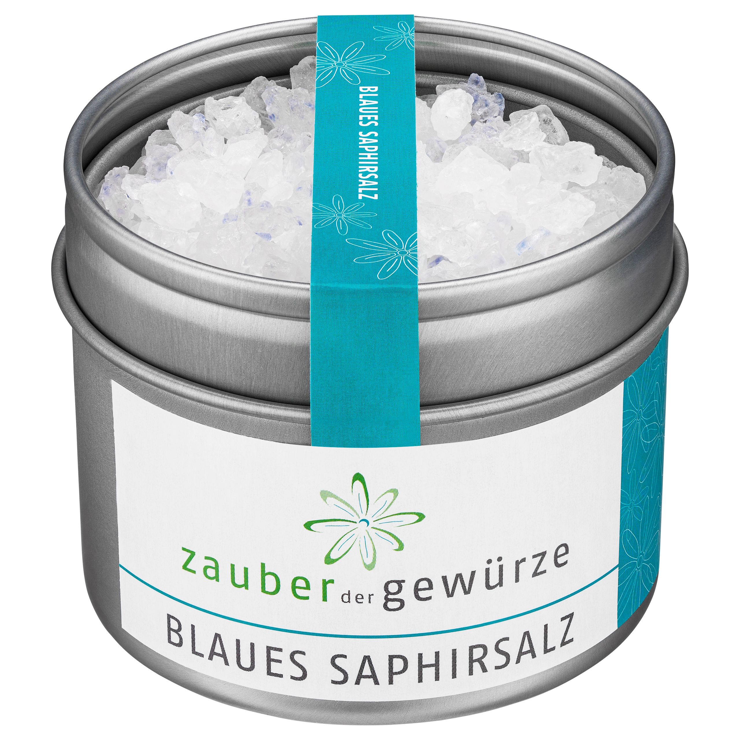 Zylindrische Dose mit blauem Saphirsalz. Etikett mit Produktname und Logo. Türkisfarbenes Band mit Schriftzug.