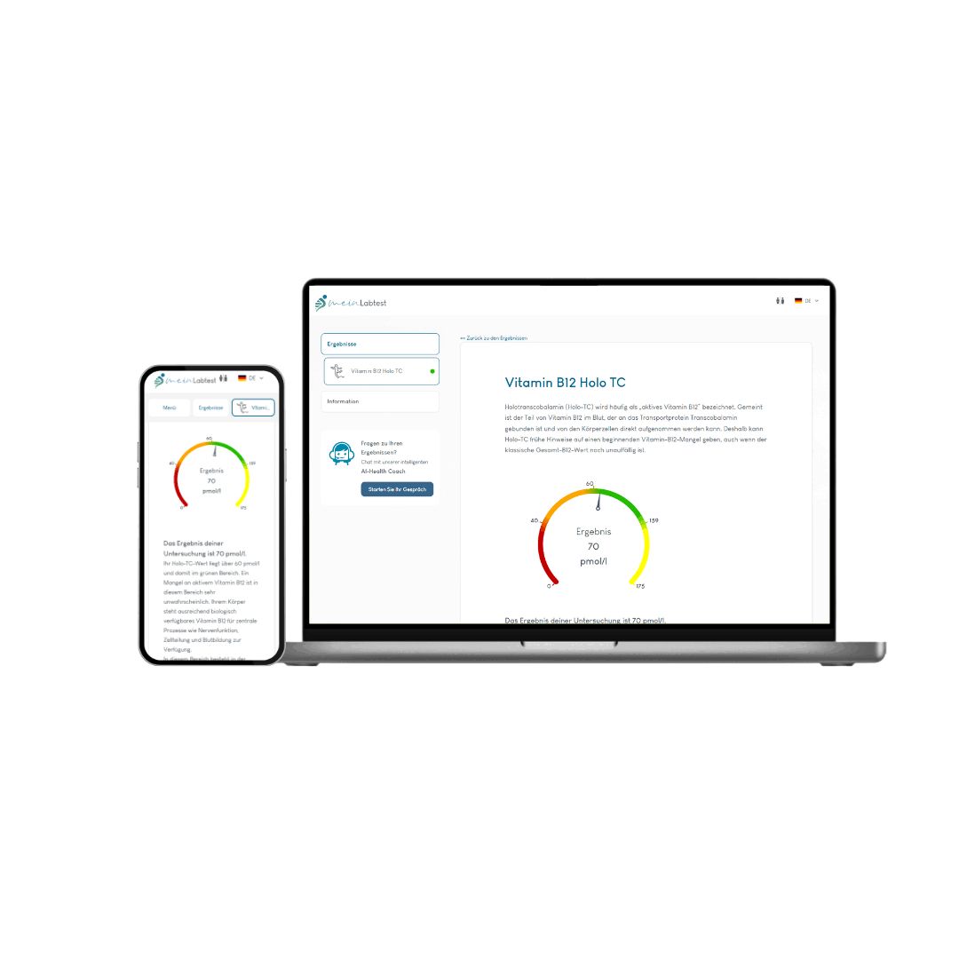 Laptop und Smartphone mit Testergebnissen. Anzeige: Vitamin B12 Holo TC. Farbskala von rot bis grün.