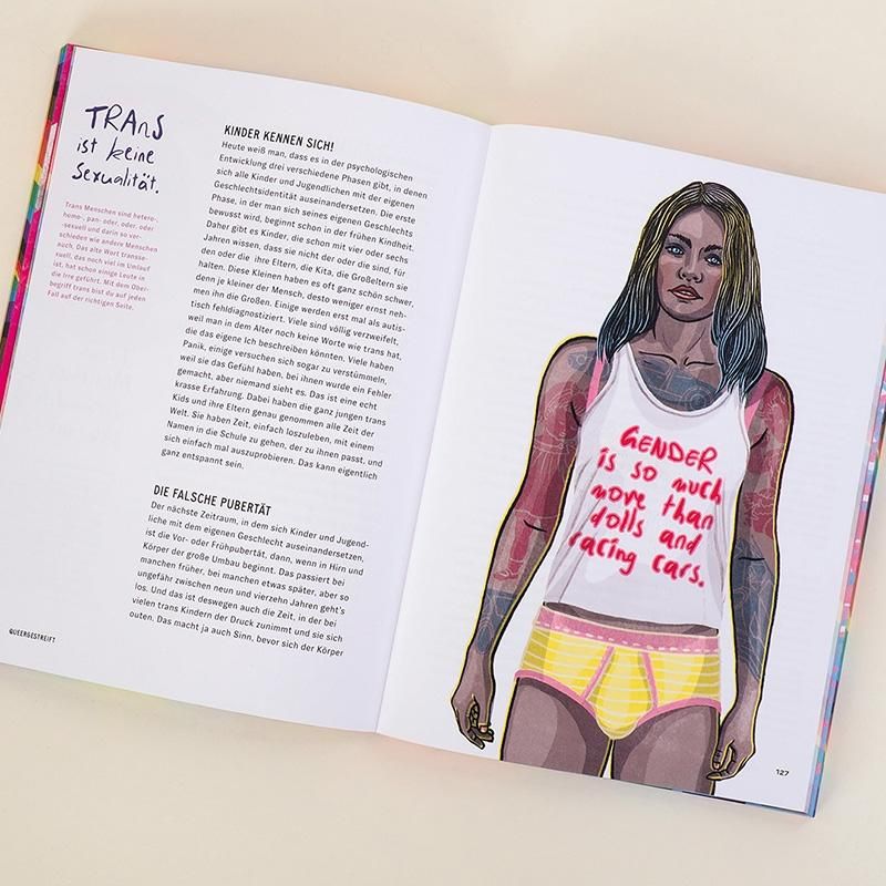 Buchseite mit Illustration einer Person in Unterwäsche und Tanktop mit Text. Textabschnitte und Seitenzahl sichtbar.