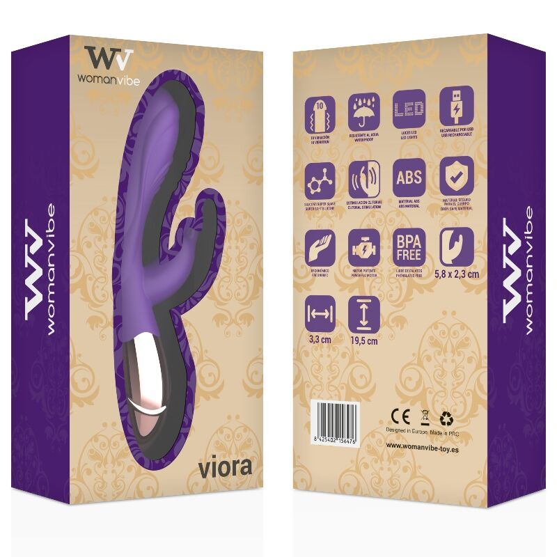 Produktverpackung. Aufdruck: Womanvibe, Viora, Produktinformationen und Symbole.
