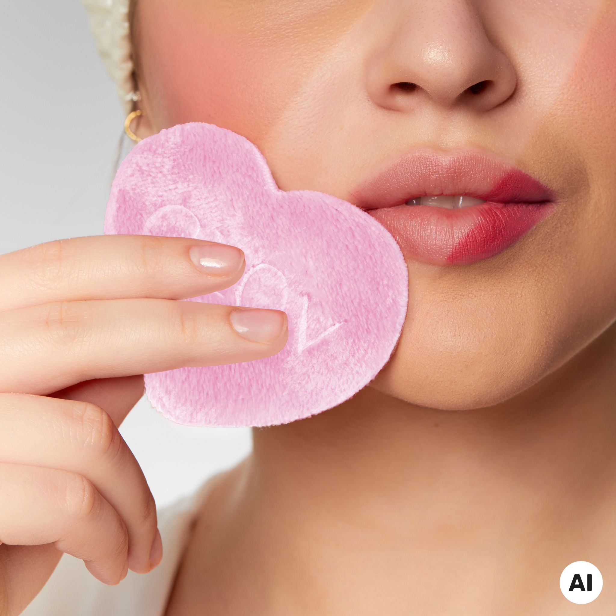 Eine Frau hält ein rosa Herz-förmiges Pad an ihre Lippen.