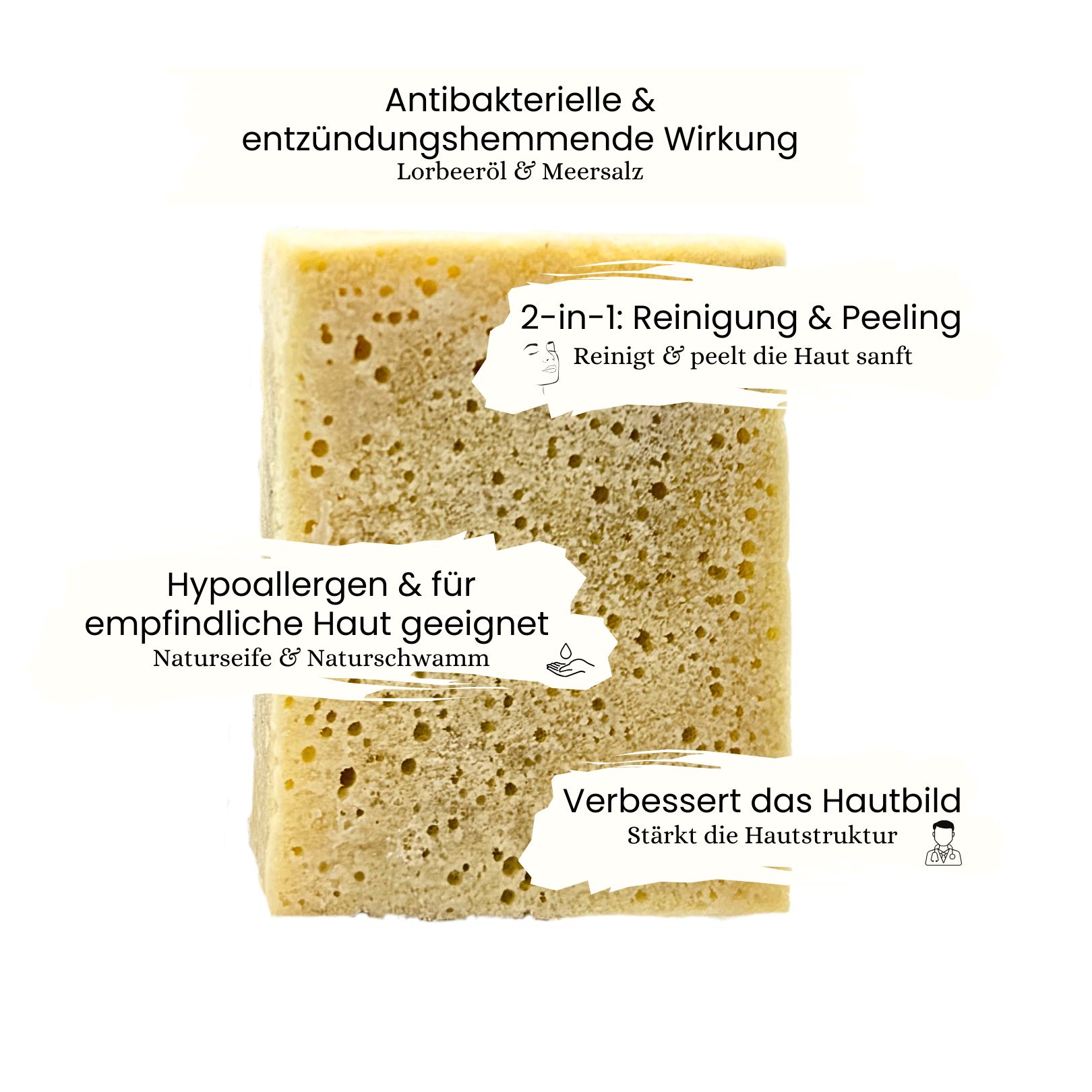 Rechteckiger Schwamm mit Text: Antibakterielle Wirkung, 2-in-1 Reinigung & Peeling, Hypoallergen, Verbessert das Hautbild. Naturseife & Naturschwamm.