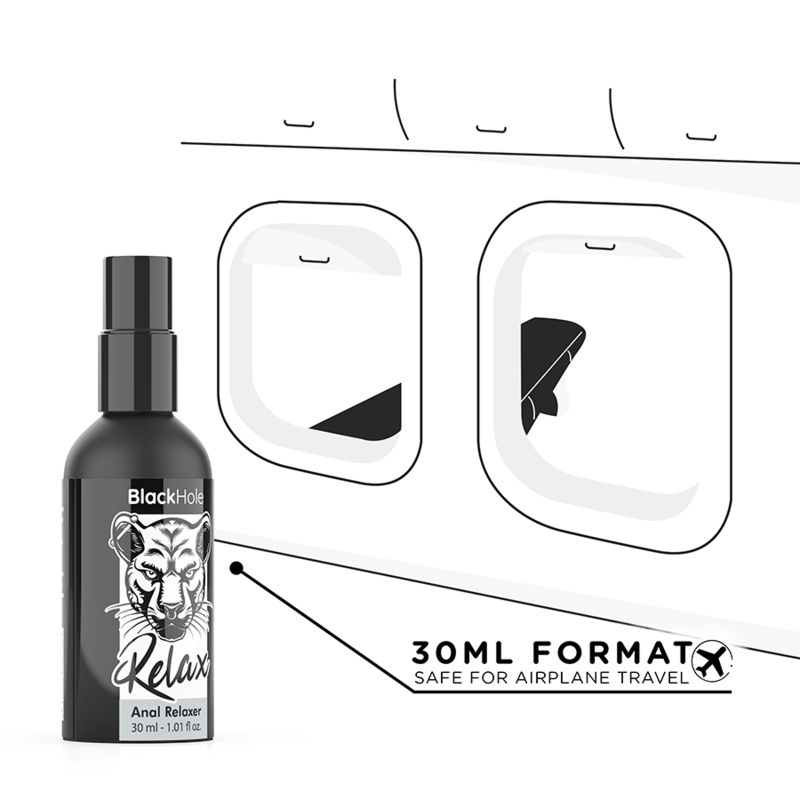 Schwarze Sprühflasche mit Etikett, das einen Tigerkopf und den Schriftzug "Relax Anal Relaxer" zeigt. 30ml.