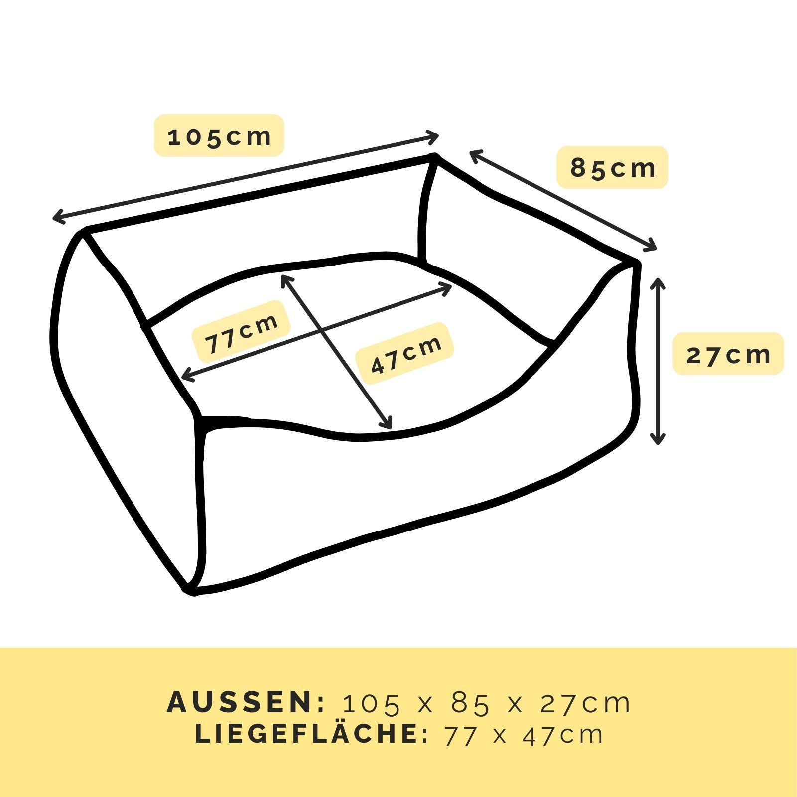 Größenangaben des Hundebetts. Außen: 105 x 85 x 27cm. Liegefläche: 77 x 47cm. Rechteckige Form.