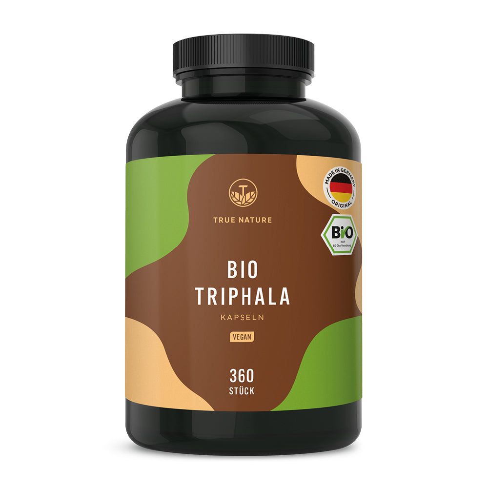 Schwarze Dose mit TRUE NATURE BIO TRIPHALA Kapseln, 360 Stück. Bio-Siegel und Made in Germany-Aufdruck.