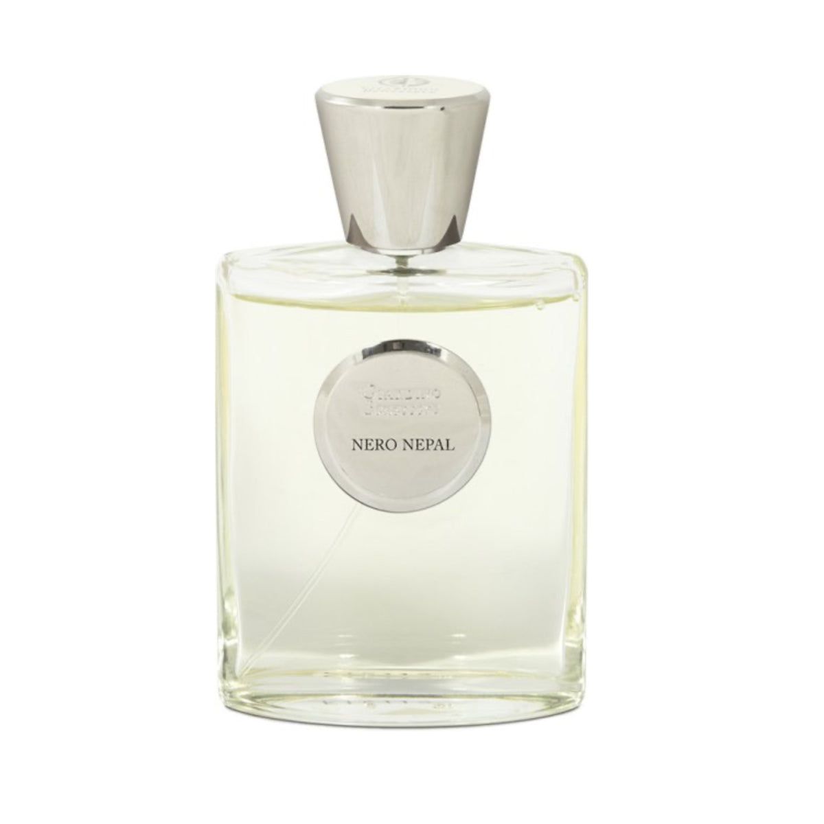 Glasflakon mit silbernem Verschluss. Aufkleber mit "NERO NEPAL".