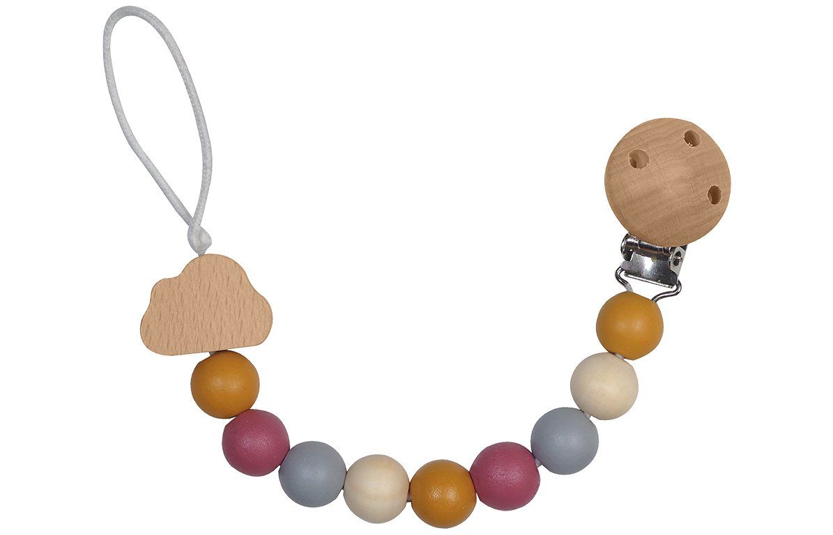Schnullerkette mit Holzperlen, Clip und Holzfigur Wolke. Verschiedene Farben. Holzclip mit Löchern.