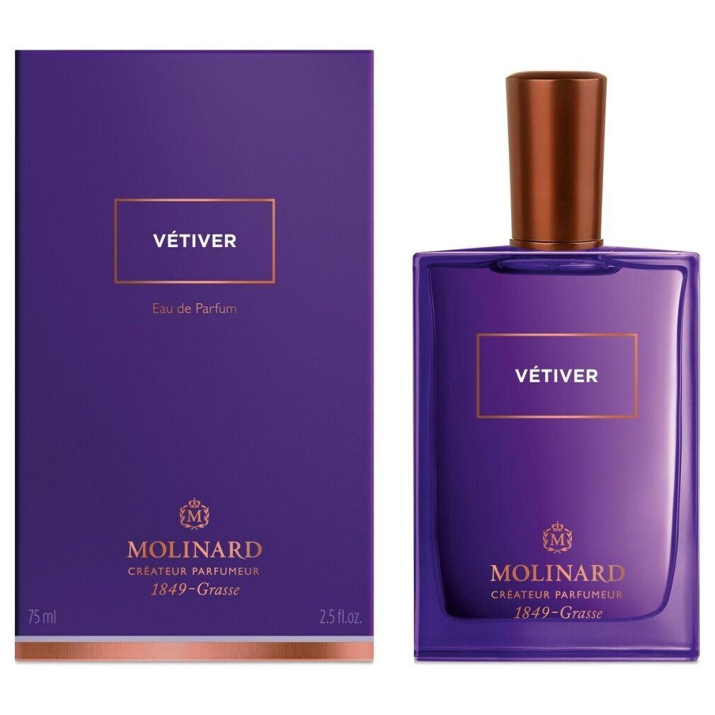 Violette Flasche und Verpackung mit goldfarbenem Text. Aufschrift: Vétiver, Eau de Parfum, Molinard Créateur Parfumeur.
