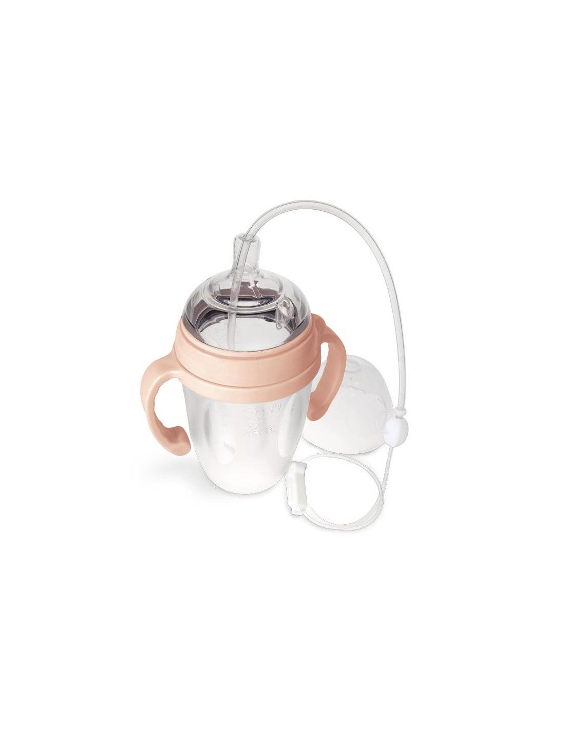 Babyflasche mit Griffen, Deckel und Trinkhalm. Rosa und transparente Elemente.
