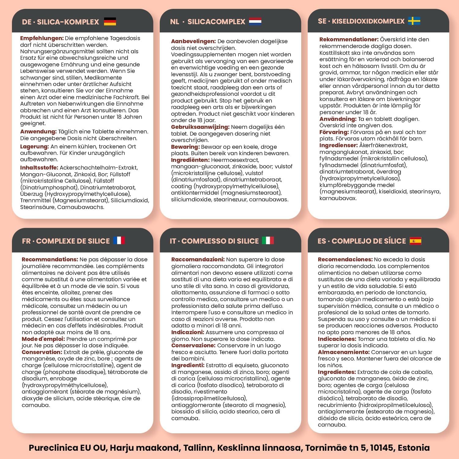 Mehrsprachige Informationen zu Kieselerde Komplex Tabletten. Enthält Empfehlungen, Inhaltsstoffe und Warnhinweise in Deutsch, Französisch, Italienisch und Niederländisch.