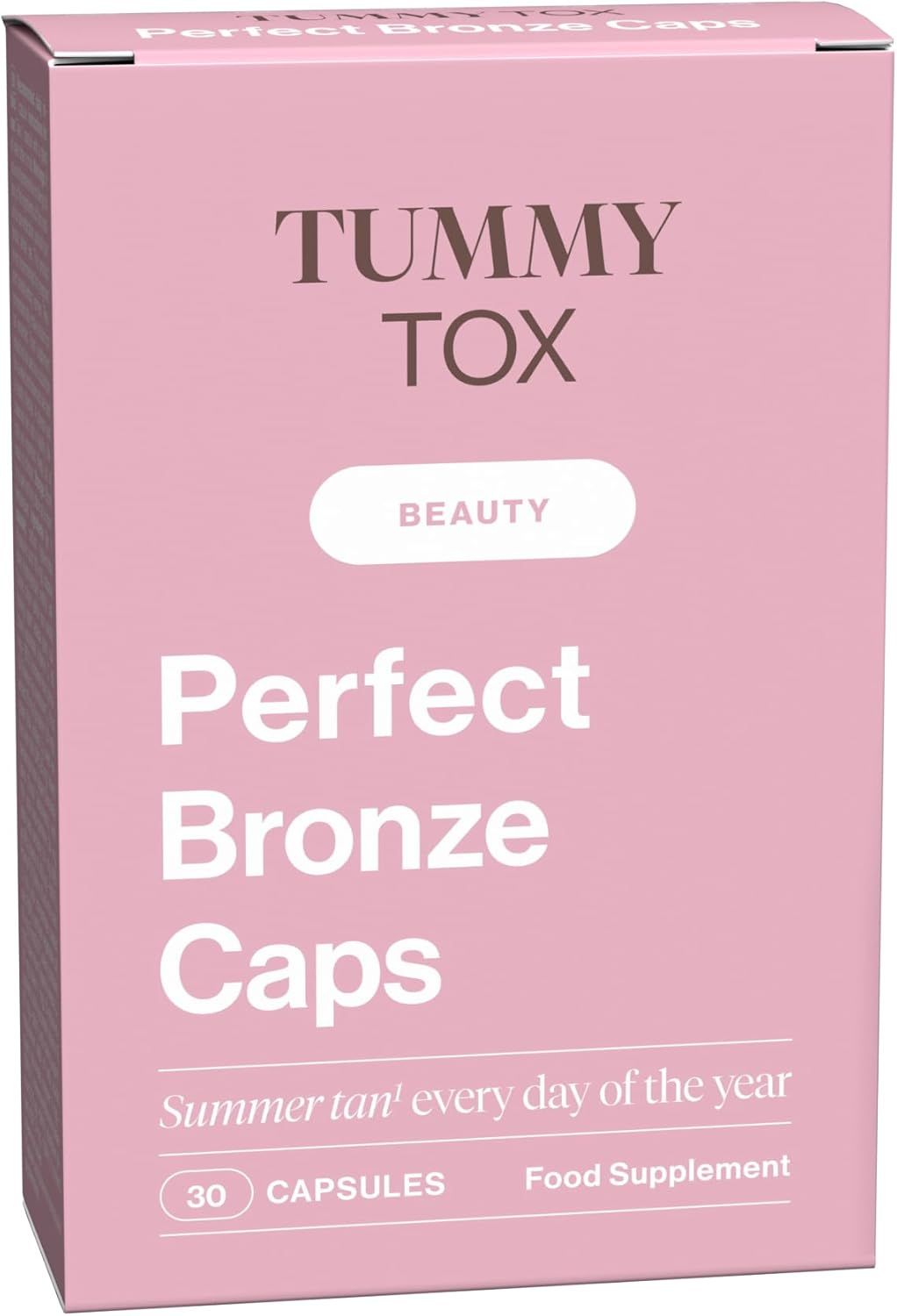 Rosa Schachtel mit 'Tummy Tox Perfect Bronze Caps'. Text: Summer tan every day of the year. 30 Kapseln. Food Supplement.