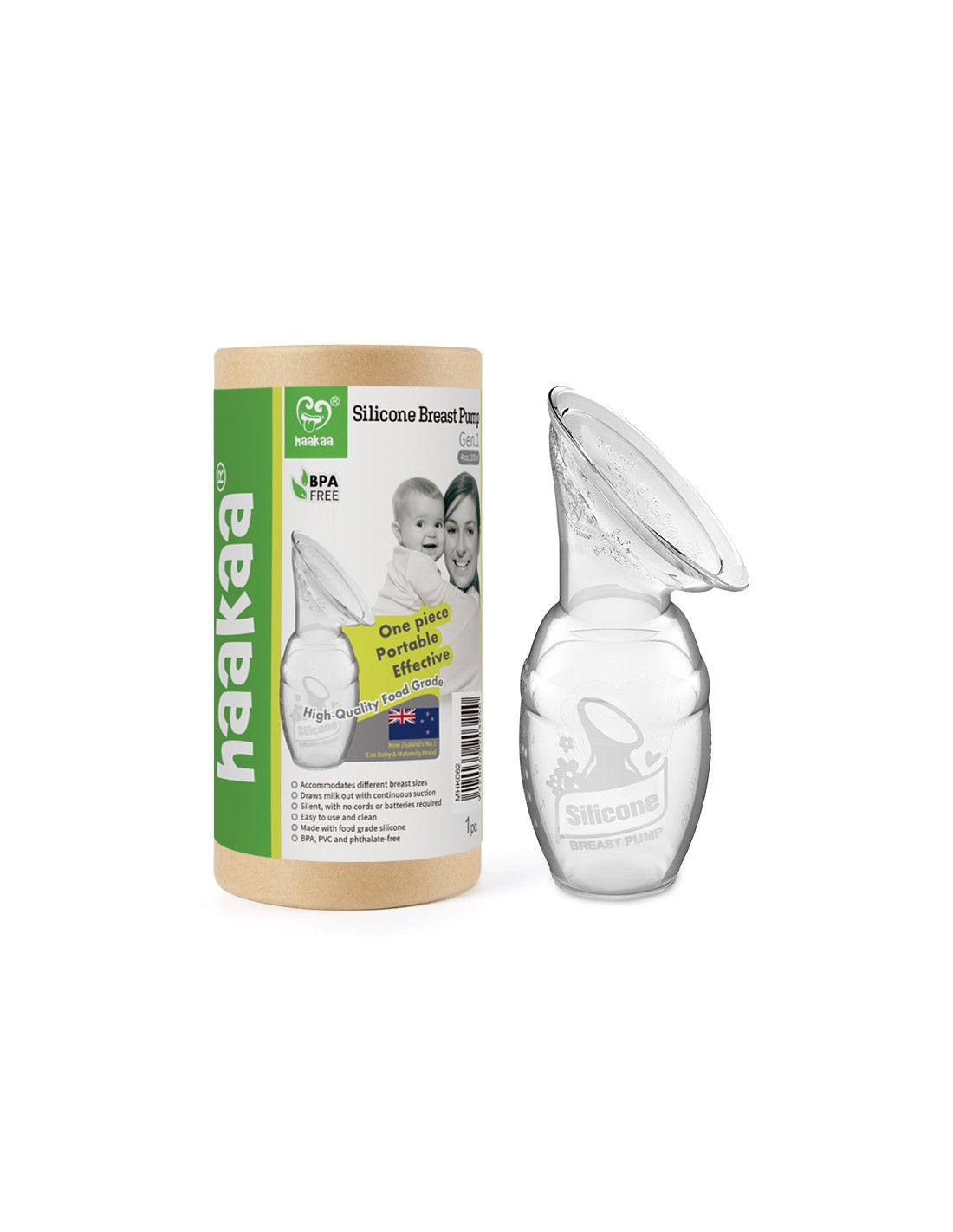 Milchpumpe neben zylindrischer Verpackung. Verpackung mit Produktabbildung und Text.