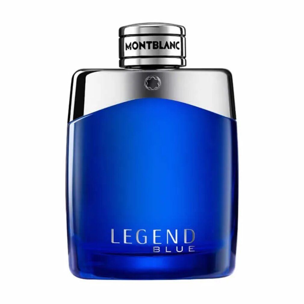 Blauer Flakon mit silbernem Deckel. Aufschrift: LEGEND BLUE. Marke: MONTBLANC.