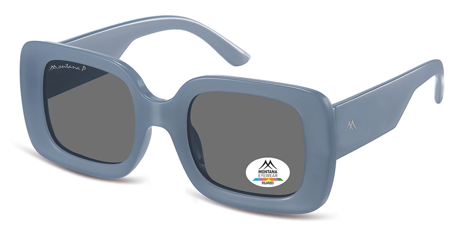 Blaue Sonnenbrille mit rechteckigen Gläsern. Montana Eyewear Logo. Polarisations-Aufkleber. Perspektivische Ansicht.
