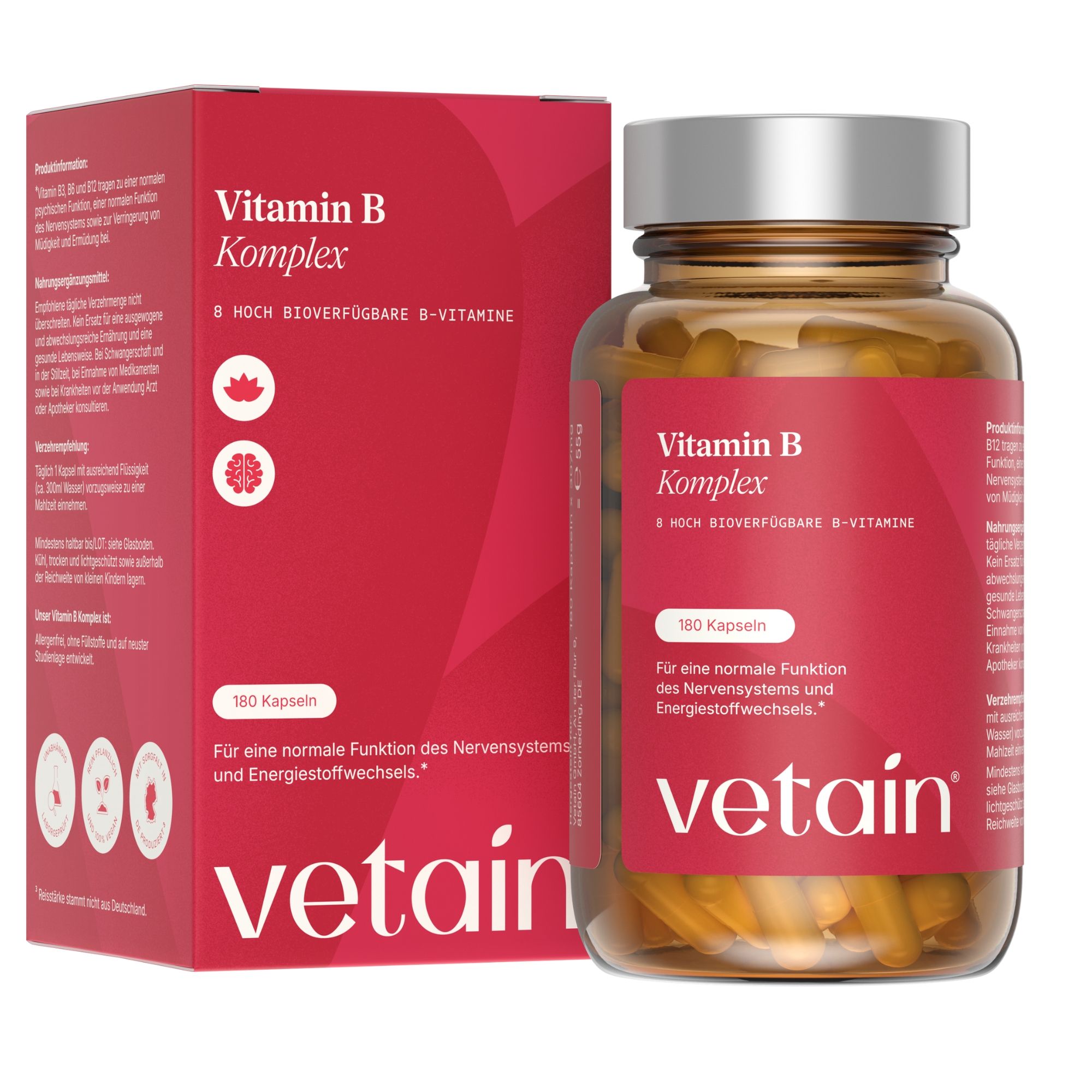 Vetain Vitamin B Komplex - alle 8 B-Vitamine mit Biotin, Folat & B12 bioaktive Formen 180 St Kapseln