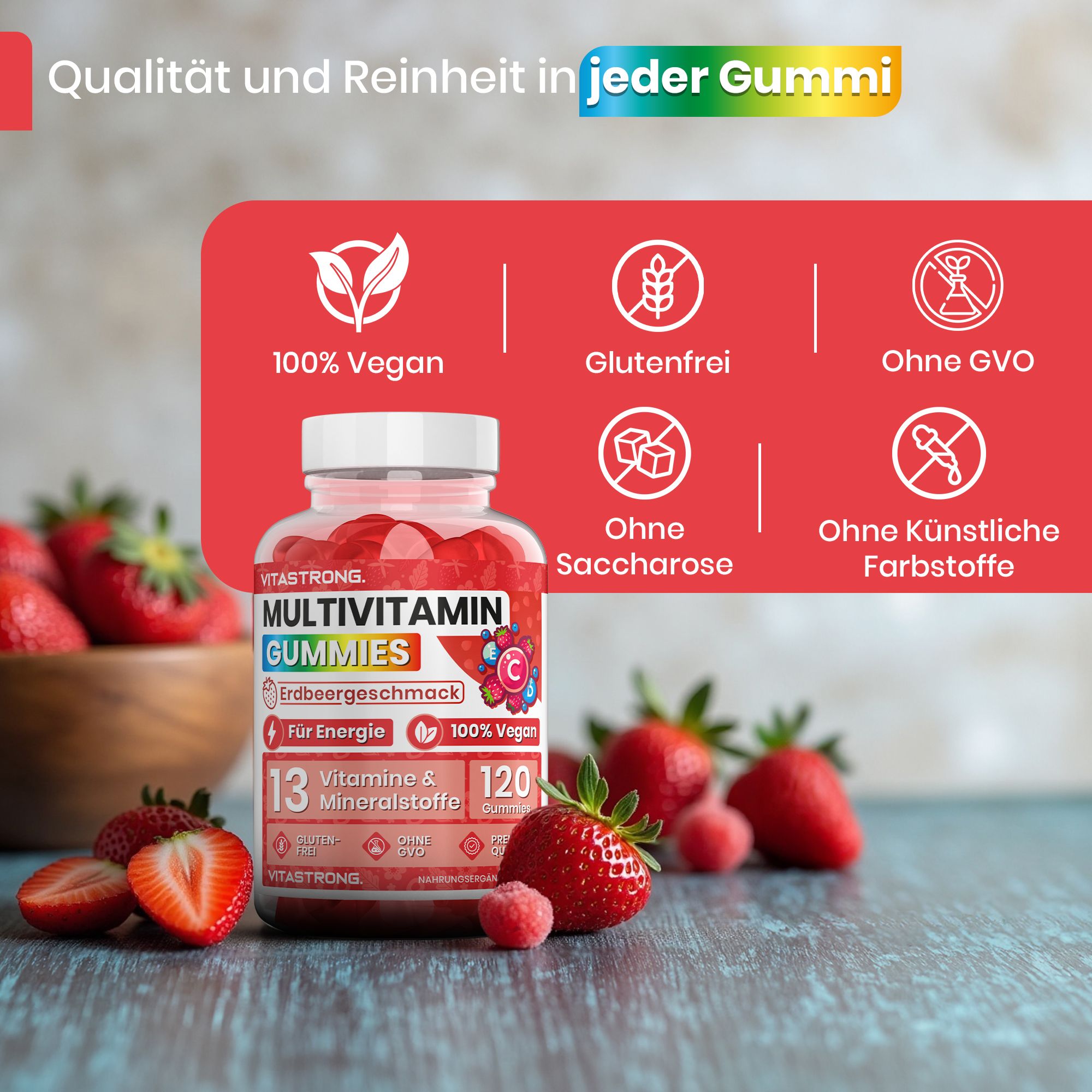 Vitastrong Multivitamin Gummies, Erdbeergeschmack, 120 Stück. 100% vegan, glutenfrei, ohne GVO, ohne Saccharose, ohne künstliche Farbstoffe.
