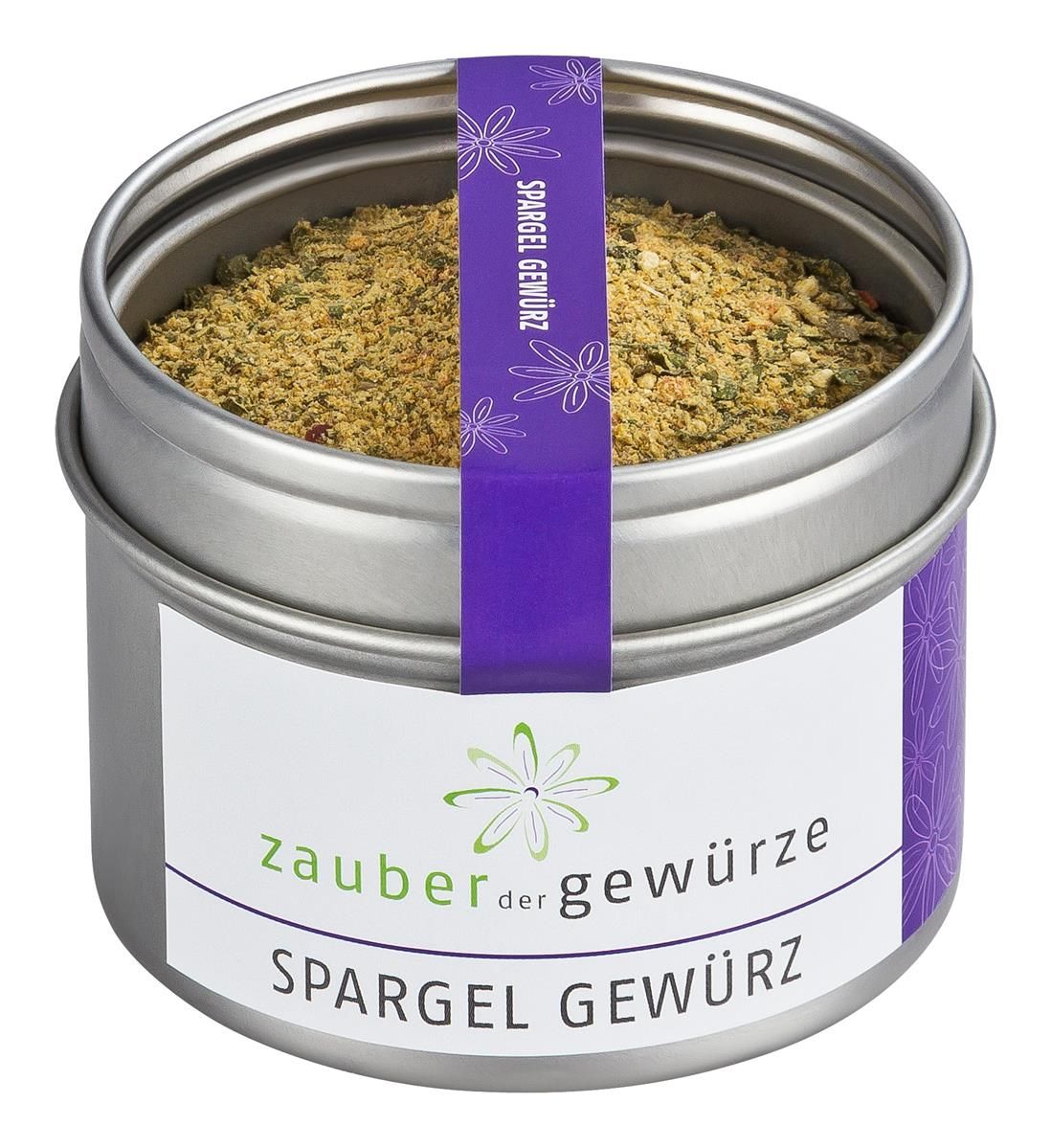 Runde Dose mit Spargel Gewürz. Lila Band mit Aufschrift. Weißes Etikett mit Logo und Produktname.