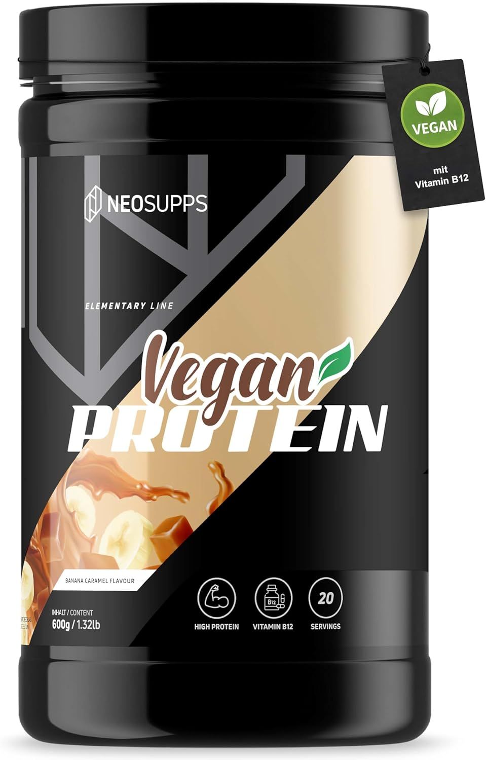Neosupps Vegan Protein Pulver, 600g, Banana Caramel, mit Vitamin B12 & zuckerarm 600 g Pulver