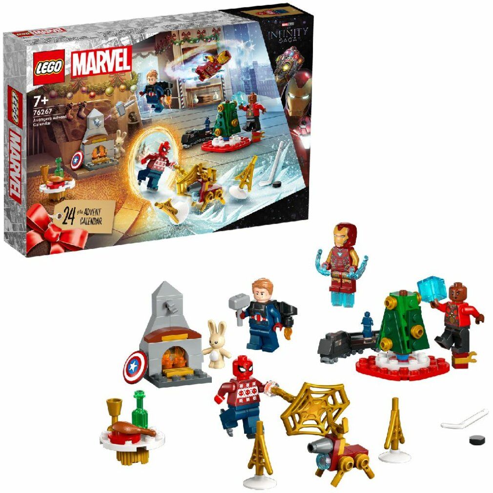 LEGO Marvel Adventskalender mit Figuren und Szenen. Enthält Iron Man, Spider-Man und Captain America. Einzelne Elemente.