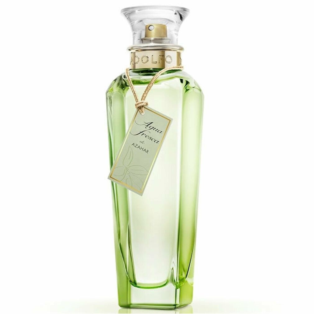 Adolfo Dominguez Agua Fresca De Azahar Flakon mit Etikett. Grüner Flakon mit transparenter Flüssigkeit. Goldener Verschluss.