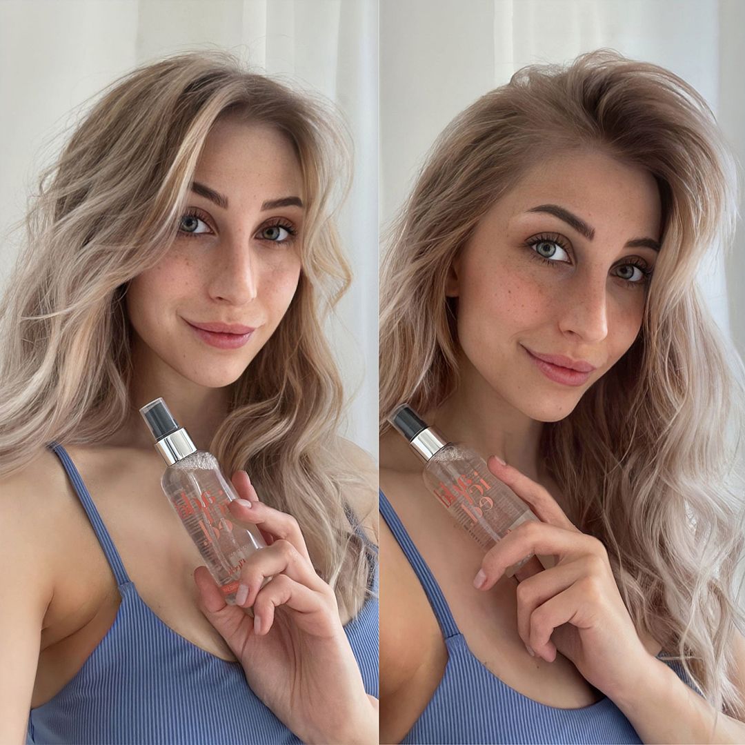 Frau hält eine transparente Sprühflasche. Aufschrift "addicted".