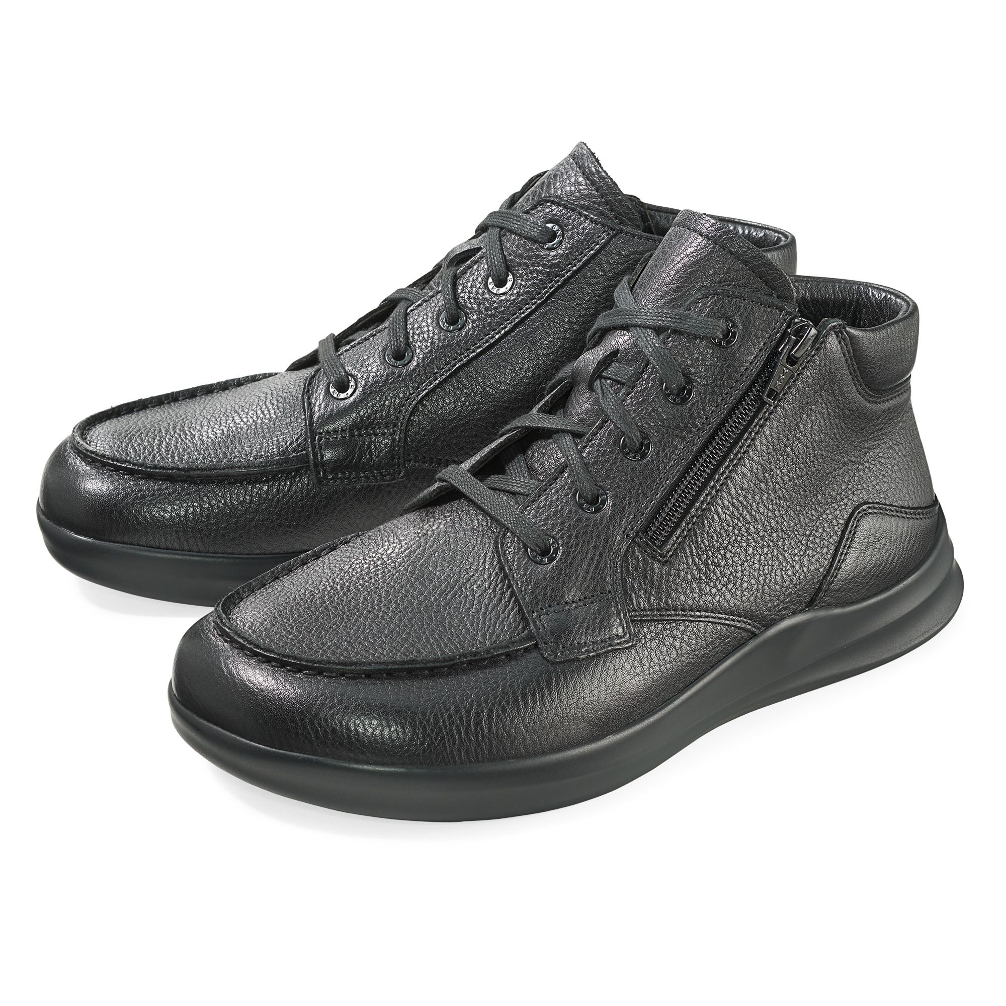 Schwarze Herren-Stiefeletten mit Schnürung und Reißverschluss. Obermaterial strukturiert, Sohle flach.