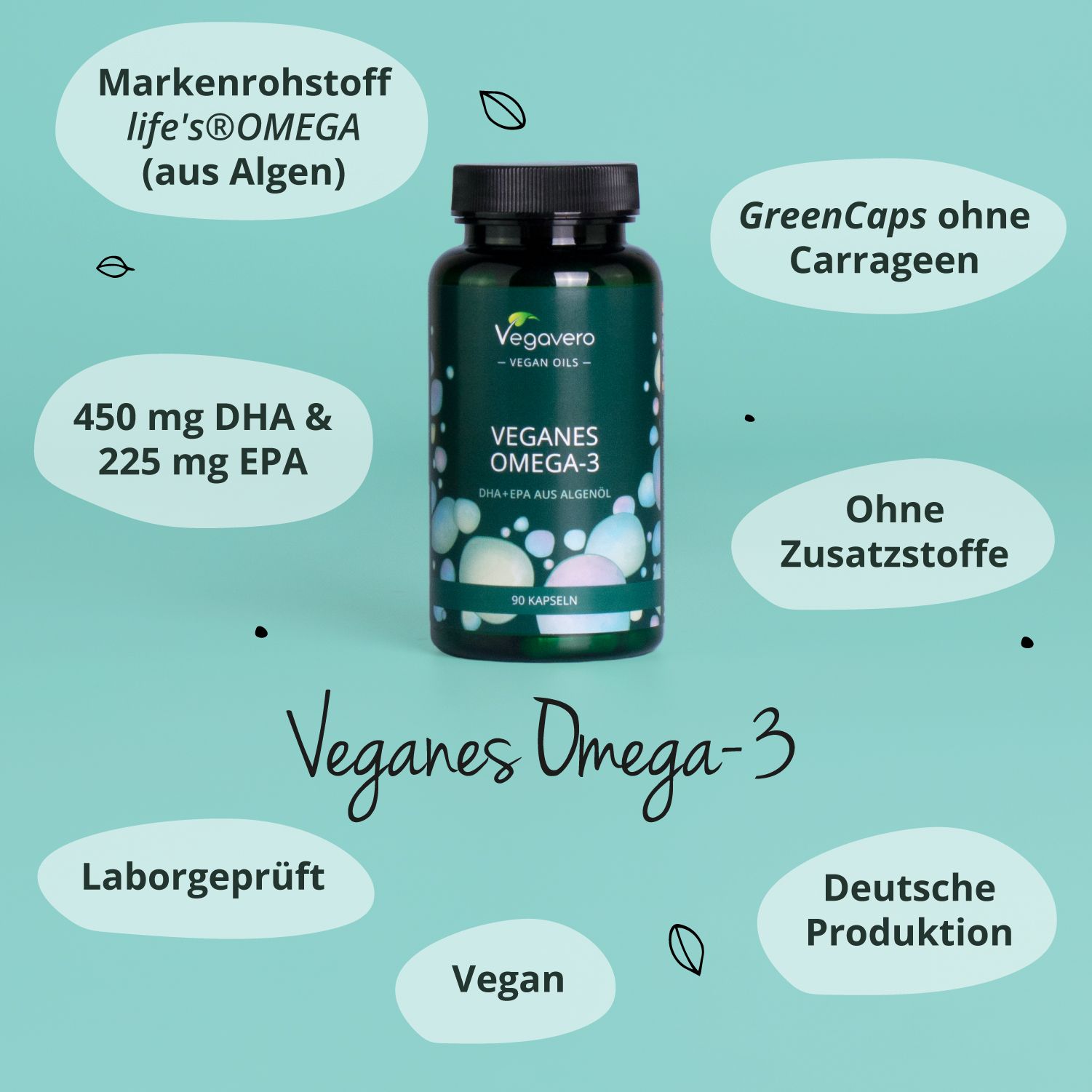 Flasche mit Kapseln. Aufschrift: Vegavaro - Vegan Oils. Vegan Omega-3. 90 Kapseln. Text: 450 mg DHA & 225 mg EPA. Icons.