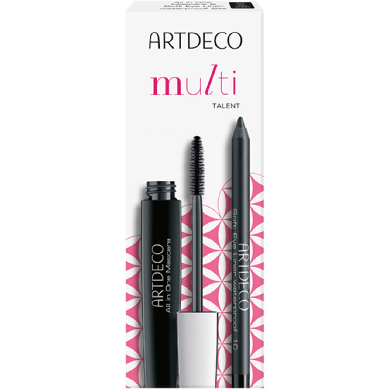 Artdeco Multi Talent Set. Mascara- und Eyeliner-Set in Verpackung. Schwarze Mascara-Tube, Bürste, schwarzer Eyeliner-Stift.