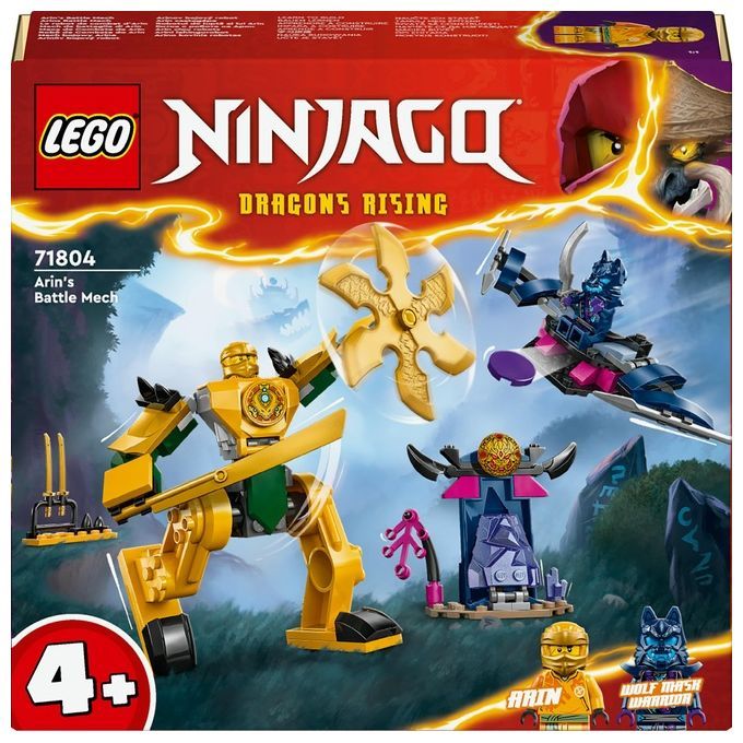 LEGO Ninjago 71804 Mech da Battaglia di Arin. La confezione mostra un giocattolo mech giallo con accenti verdi, armato con una stella da lancio dorata. Sono raffigurate altre figure e scene. Adatto a bambini dai 4 anni in su.