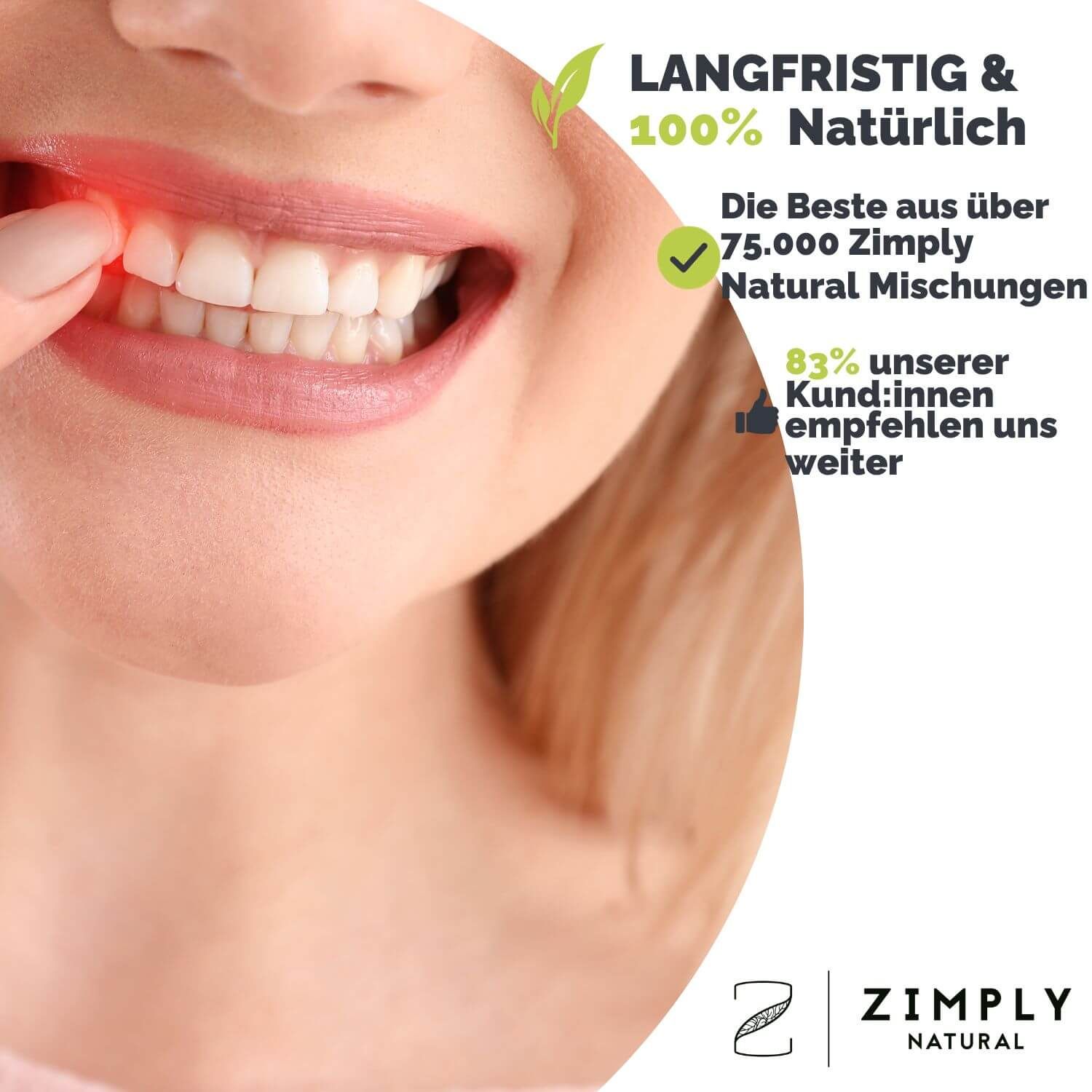 Nahaufnahme eines Mundes mit Zähnen. Text: Langfristig & 100% Natürlich. Logo: ZIMPLY NATURAL. Text: 83% unserer Kunden empfehlen uns weiter.