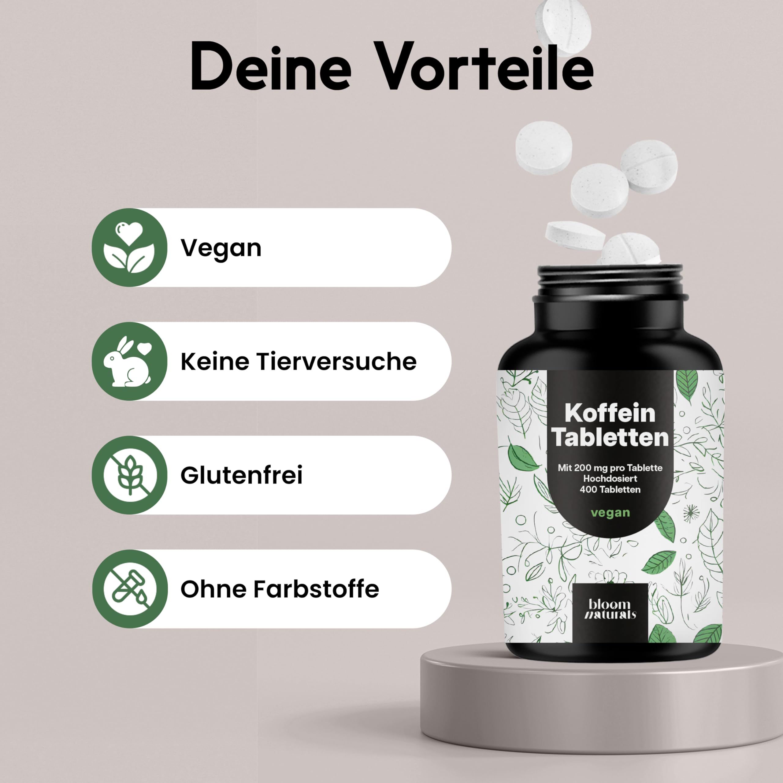Tabletten fallen aus einer Flasche. Text: Deine Vorteile. Symbole: Vegan, Keine Tierversuche, Glutenfrei, Ohne Farbstoffe.