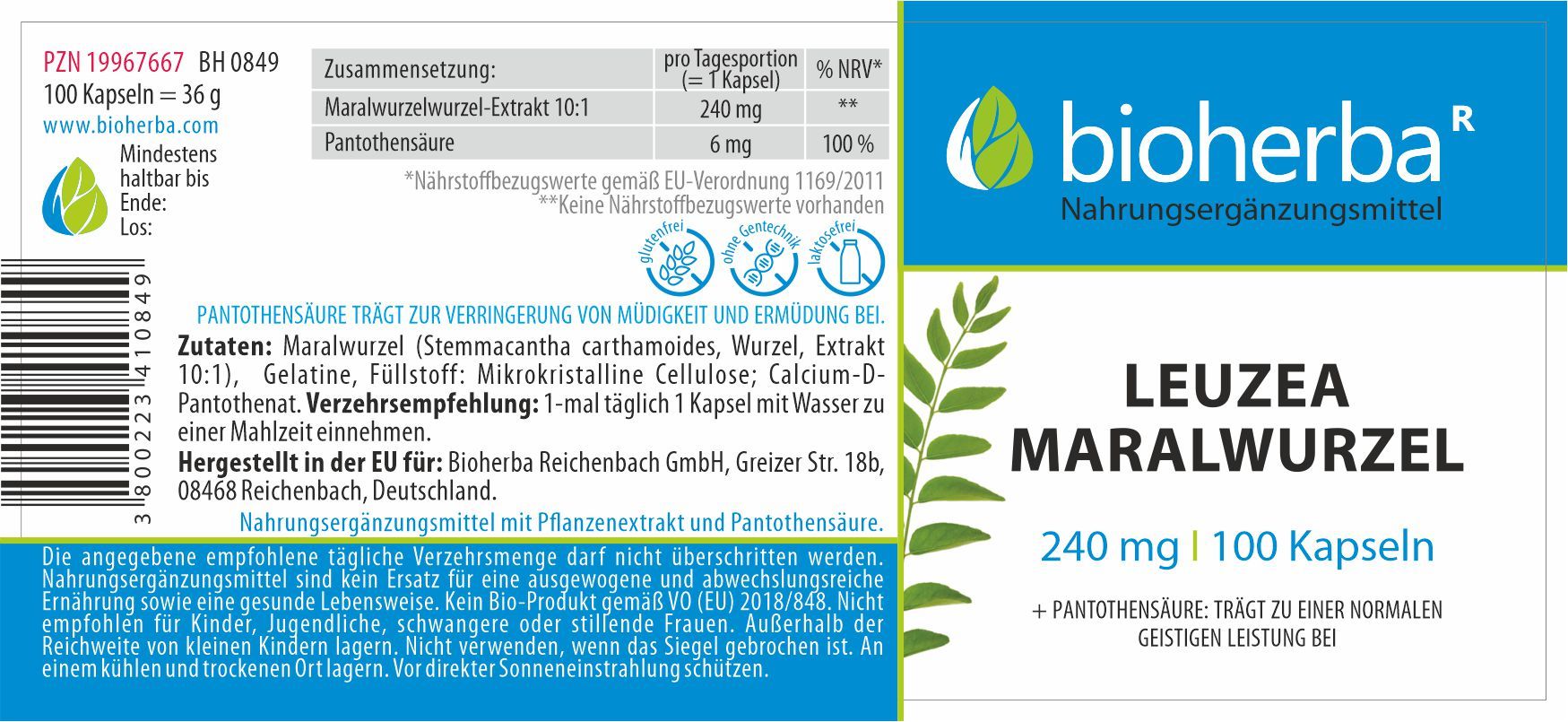 Etikett mit Produktnamen und Marke Bioherba. Enthält Informationen zu Inhaltsstoffen und Dosierung.
