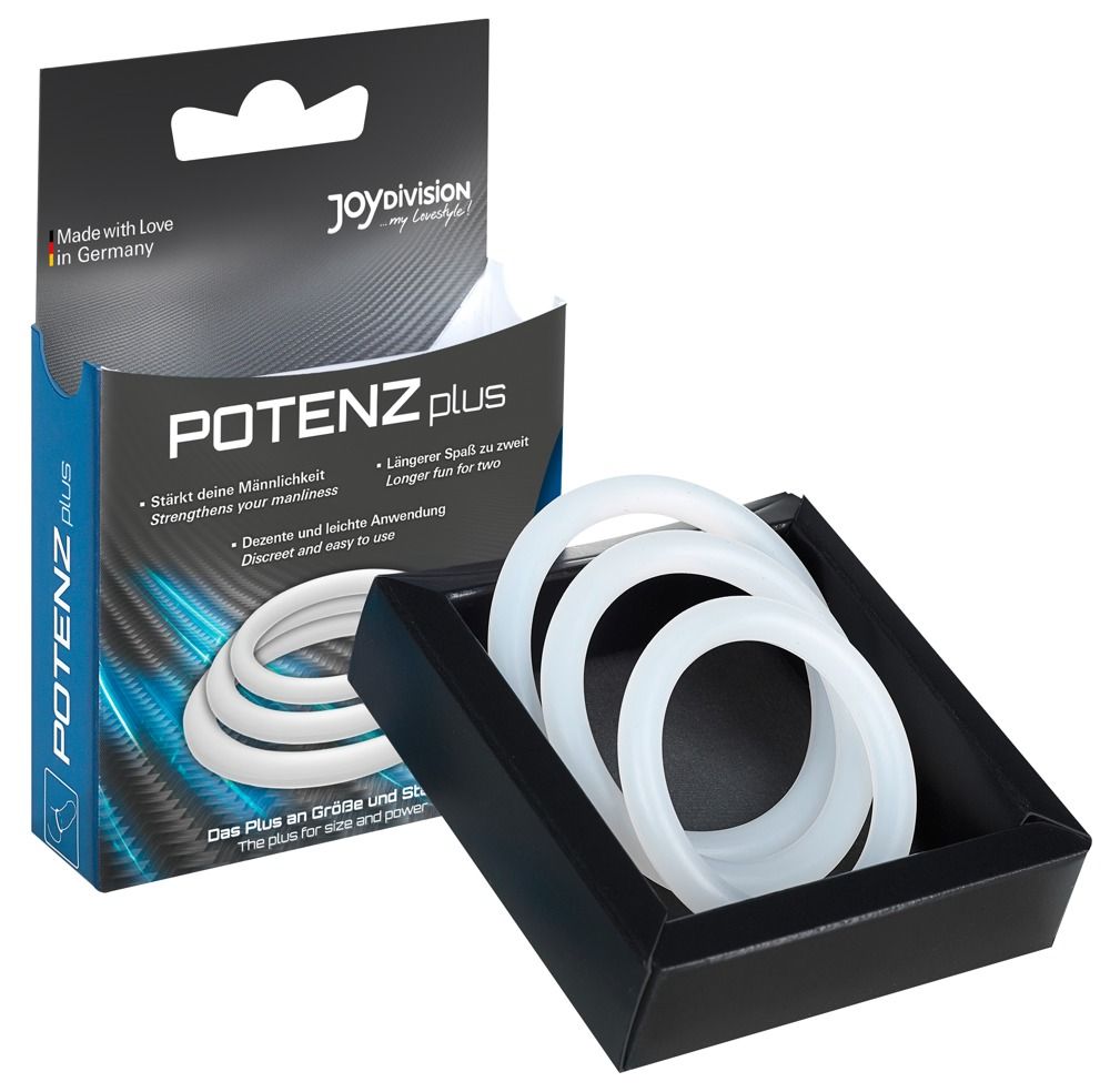 Verpackung mit drei weißen Ringen in einer schwarzen Schachtel. Marke POTENZplus.