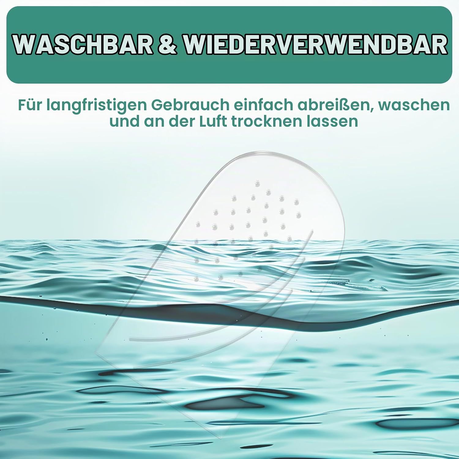 Waschbare und wiederverwendbare Einlegesohle wird unter Wasser gezeigt, um ihre Haltbarkeit zu demonstrieren.