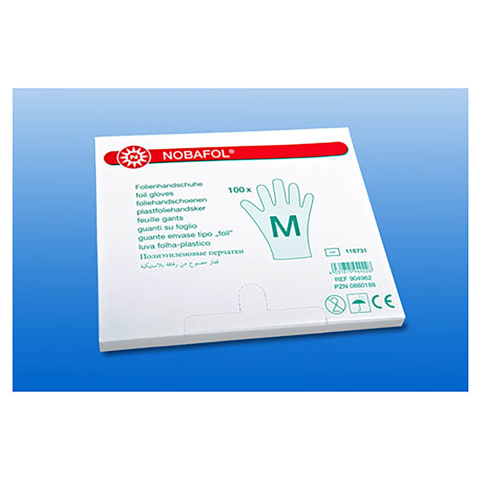 Verpackung mit Folienhandschuhen. Handschuh-Symbol mit "M". Marke: NOBAFOL. Text in mehreren Sprachen. CE-Kennzeichnung.