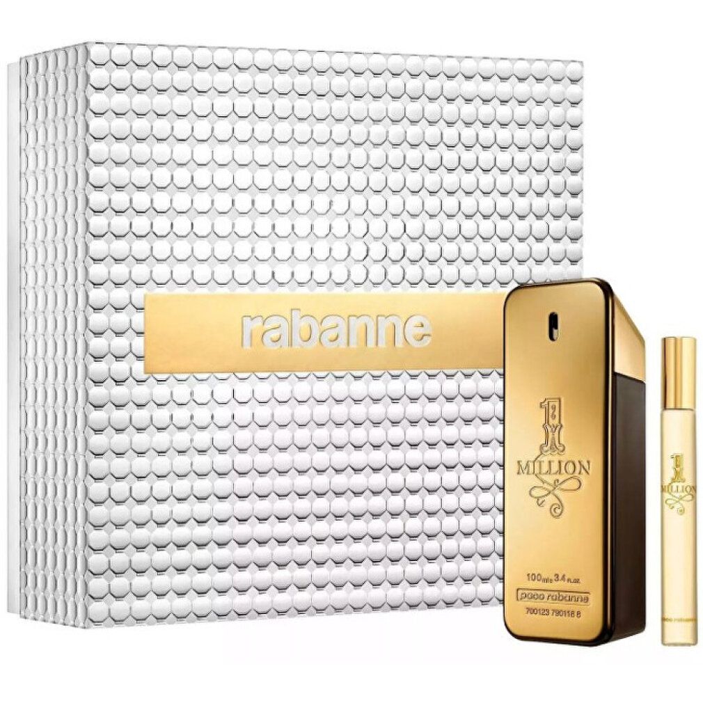 Geschenkset mit Flakon und Miniatur. Aufschrift: Rabanne, 1 Million. Verpackung mit silbernem Muster.
