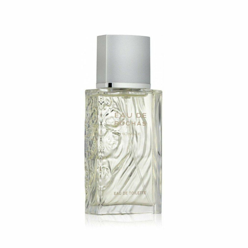 Eau de Rochas Flakon. Aufschrift: Eau de Rochas Homme, Eau de Toilette. Quadratische Form, silberner Deckel.