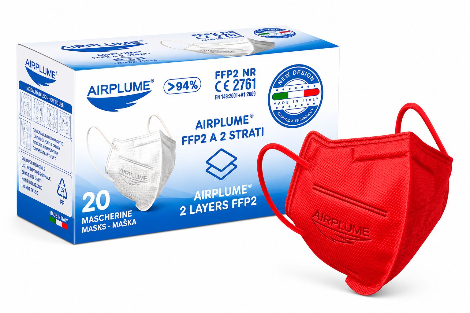 BRAND ITALIA - AIRPLUME FFP2 NR Mascherine colore Rossa
