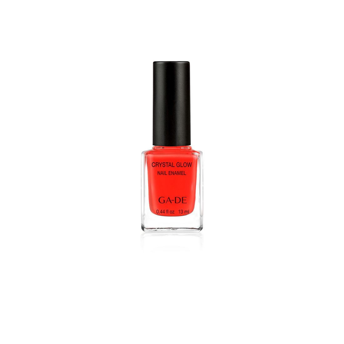 Nagellackflasche mit rotem Inhalt. Schwarzer Deckel. Aufschrift: Crystal Glow Nail Enamel, GA-DE.