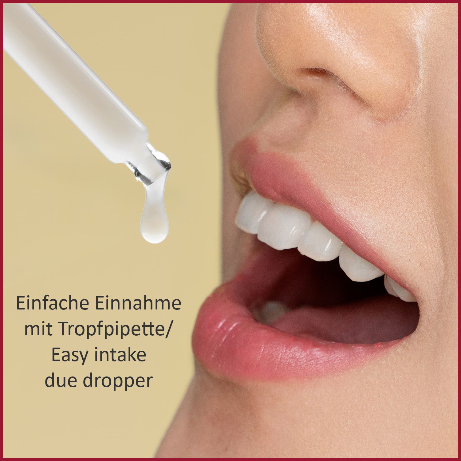 Nahaufnahme Mund und Pipette: Einfache Einnahme von ALP NUTRITION Eisentropfen.